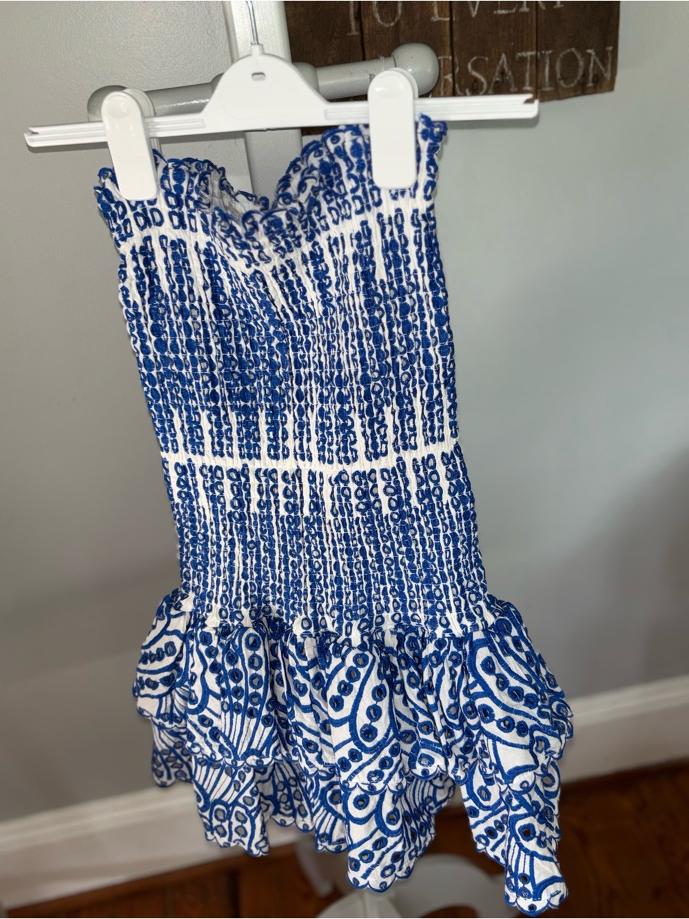 Smocked Strapless Blue and White Ruffled Mini Dress 14-16